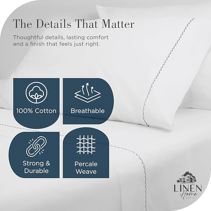 Linen Home 100% Cotton Percale Moon Scallop Hem Pillowcases King Size, Dark Blue, 2 Pieces of Pillow Case, Crisp and Cool Strong Bed Linen, 20 inches X 40 inches