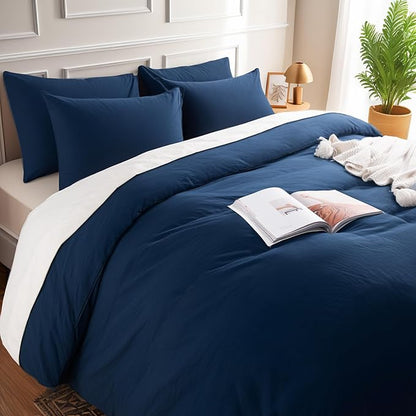 NEXHOME PRO King Duvet Cover Set, 100% Certified Organic Cotton with Washed Feel & Linen-Like Texture, Comfortable & Breathable, Home Bedding Set Navy (No Comforter)