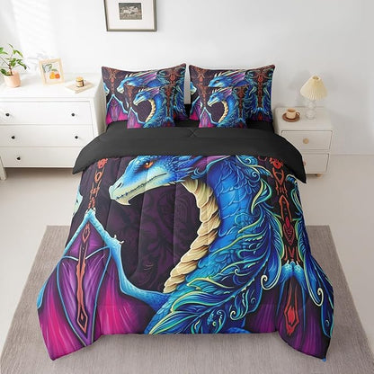 Erosebridal 3D Dragon Bed in a Bag Queen Comforter Set 7 Piece,Vintage Gothic Blue Dragon Bedding Sets Antique Wildlife Mythical Animal Sheet Set with Comforter