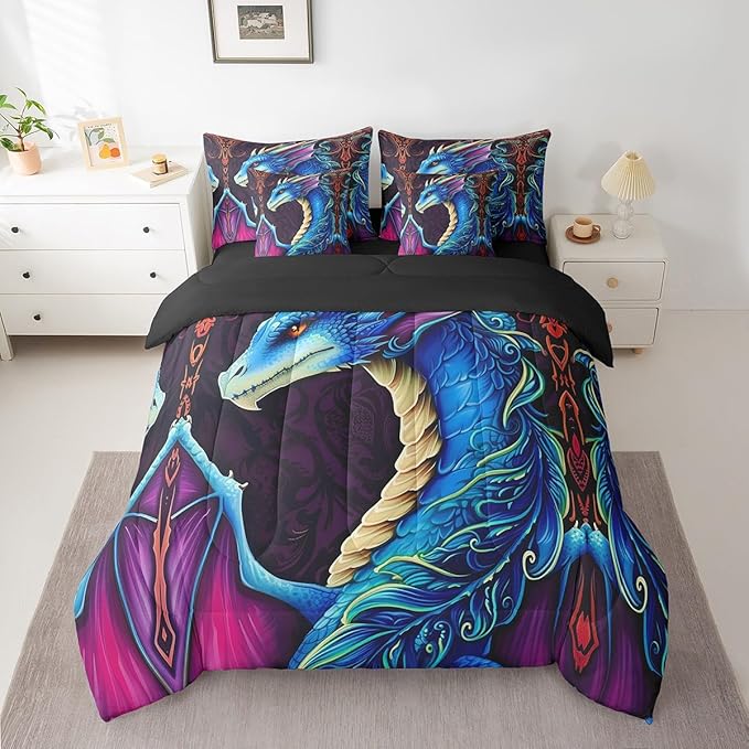 Erosebridal 3D Dragon 7 Piece Comforter Set Full Bed in a Bag,Vintage Gothic Blue Dragon Bedding Sets Antique Wildlife Mythical Animal Sheet Set with Comforter