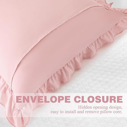 KKJIAF Ruffle Pillow Cases 24x24 Inches, Light Pink Square Ruffled Pillow Covers Set of 2, Microfiber Wrinkle Resistant Pillow Shams with Envelope Closure for Sofa Bed Living Room