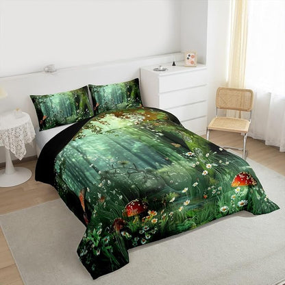 Erosebridal Magical Comforter Set Queen, Mushroom Bedding Set for Girls Women Kids Teens, Daisy Leaves Branches Sunset Nature Duvet Insert, Cute Style Soft Warm Quilted Duvet Bedroom Decor, Green