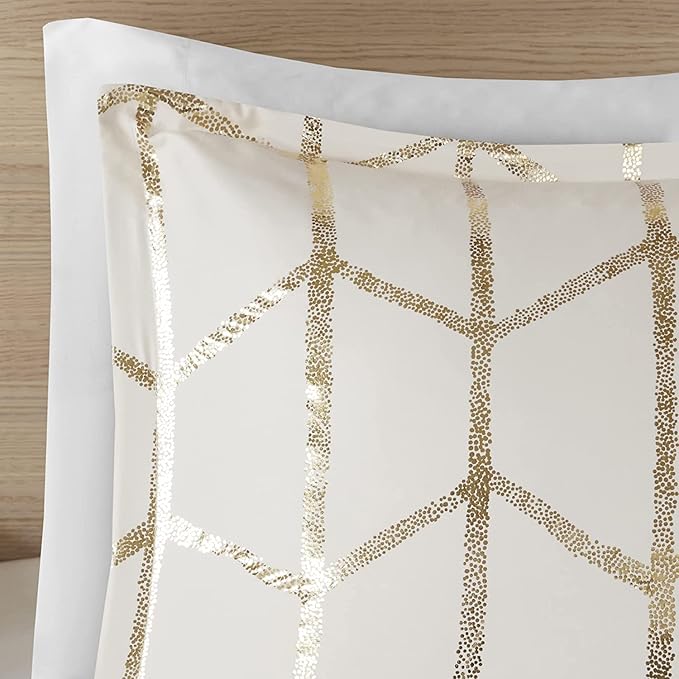 Intelligent Design Raina King/Cal King Comforter Set, Soft Microfiber, Modern Geometric Metallic Bed Set, 5 Pieces College Bedding with 2 Shams, 2 Toss Pillows Ivory/Gold