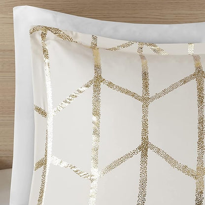 Intelligent Design Raina Full/Queen Comforter Set, Soft Microfiber, Modern Geometric Metallic Bed Set, 5 Pieces College Bedding with 2 Shams, 2 Toss Pillows Ivory/Gold