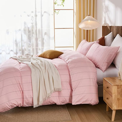 Merryword Pink Striped Duvet Cover Set King Size - 100% Cotton Bedding Set with Wide Zipper & 8 Corner Ties, Soft Breathable Bedding Set Elegant Pastel Comforter Cover for All Seasons