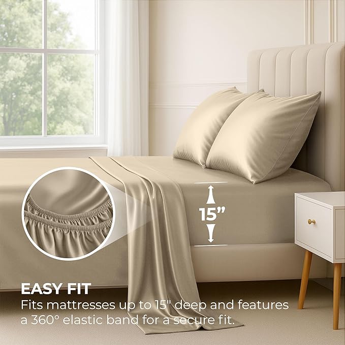 Satin Sheets Twin [3-Piece, Champagne Gold] Hotel Luxury Silky Bed Sheets - Extra Soft 1800 Microfiber Sheet Set, Wrinkle, Fade, Stain Resistant - Deep Pocket Fitted Sheet, Flat Sheet, Pillow Cases