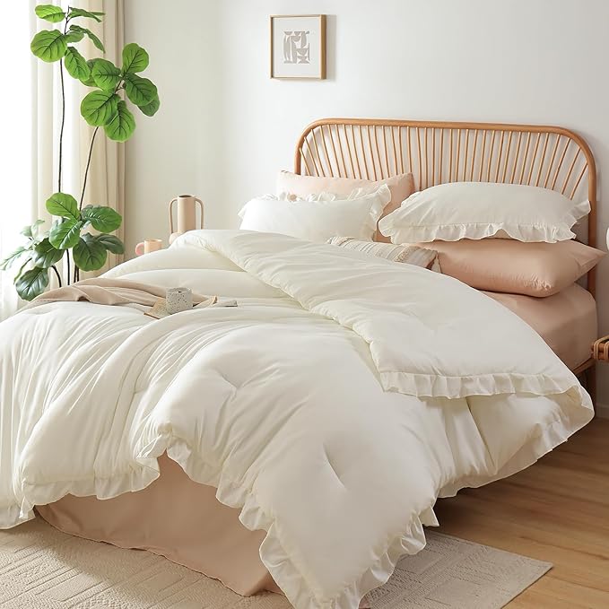 JANZAA Twin Comforter Set Creamy White Ruffle Comforter with 1 Pillowcase Soft Twin Size Bed Set Vintage Farmhouse Bed Comforter Set Fluffy Shabby Chic Bedding for All Season