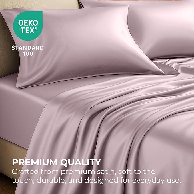 Satin Sheets California King [4-Piece, Champagne Pink] Hotel Luxury Silky Bed Sheets - Extra Soft Microfiber Sheet Set, Wrinkle Resistant - Deep Pocket Fitted Sheet, Flat Sheet, Pillow Cases