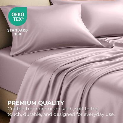 Satin Sheets California King [4-Piece, Champagne Pink] Hotel Luxury Silky Bed Sheets - Extra Soft Microfiber Sheet Set, Wrinkle Resistant - Deep Pocket Fitted Sheet, Flat Sheet, Pillow Cases