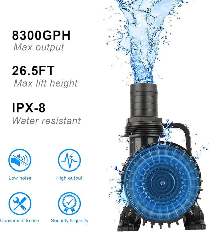 8300 GPH 520W IPX8 Submersible Pond Waterfall Pump | 32.8FT Long Power Cord, Quiet Powerful Fountain Pump for Koi Fish, Garden Yard Patio Duck Pond, with Barrier Filter Bag