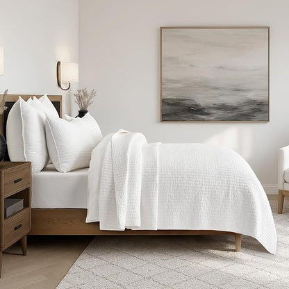 EVERGRACEHOME Cross Stitch Pre-Washed Cotton Quilt Bedding Set Queen Size, Oversized 3 Pieces Lightweight Bedspread Coverlet for All Season, with 2 Matching Shams, Bright White, 92"x96"