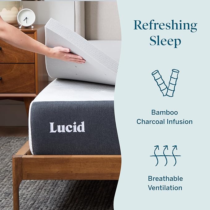Lucid 2 Inch Bamboo Charcoal Infused Memory Foam Mattress Topper - California King Size – Moisture and Odor Control - Ventilated - Plush Feel, Pressure-Relieving Bed Topper – CertiPur Certified