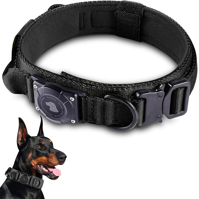 2026 Upgrade Waterproof Tactical AirTag Dog Collar, Built in AirTag Holder | Comfortable Control Handle, Quick Release Metal Buckle, Durable 1000D Nylon, For Medium to Large Dogs, Black, XL
