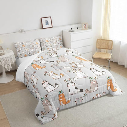 Erosebridal Cartoon Cat Duvet Insert Full for Kids Boys Girls, Cute Butterfly Print Quilt for Room Decor, Kawaii Animal Kitten Bedding Set Pet Theme Down Comforter, Luxury Soft Comforter Set, Grey