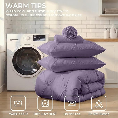 Sasttie Twin Comforter Set, 5-Piece Bed in a Bag, Pintuck Bedding Sets for All Season, Includes Comforter, Flat Sheet, Fitted Sheet, Pillowcase and Pillowsham, New Purple