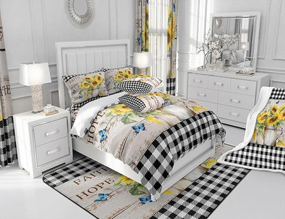 Castle Fairy Yellow Sunflowers Bedding Set for Boys Girls,Rustic Farmhouse Style All Season Cozy Comforter Set Full Size,Black White Plaid Retro Gingham Duvet Set Bedroom Décor,Gift for Kids