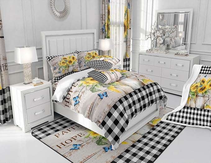 Yellow Sunflowers Bedding Set Rustic Farmhouse Style Duvet Cover Set Black White Plaid Comforter Cover Retro Gingham Bedspread Cover Bedroom Quilt Cover Twin with 1 Pillowcase,No Comforter