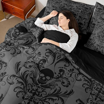 Erosebridal Gothic Damask Bed in a Bag King Size Comforter Set 7 Pieces,Sugar Skull Bedding Sets Black Grey Victorian Floral Goth Sheet Set with Comforter