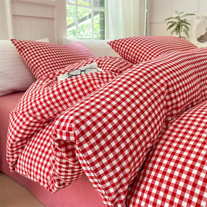 Nayoroom Red Gingham Duvet Cover Queen Size 100% Washed Cotton Plaid Checkered Duvet Cover 3 Pieces Soft Breathable Grid Farmhouse Dorm Bedding Set for All Seasons