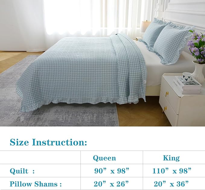 Light Blue White Ruffle Gingham Quilt Set Queen Size with 2 Pillow Shams, 100% Washed Cotton Yarn-Dyed Quited Bedspread Farmhouse Bedding Set (Light Blue, Queen) | Ruffle quilt, Gingham quilt, 100% washed cotton