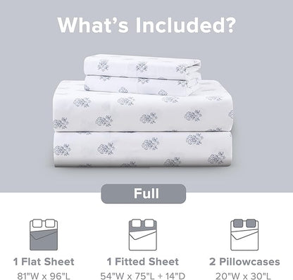 Comfort Spaces 100% Cotton Sheets Full, Breathable, Naturally Cool Cotton Sheets, Soft Cotton Bed Sheets with 14" Elastic Pocket Fits up to 16" Mattress, All Seasons Sheet Set, Floral Blue 4 Piece