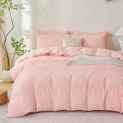 Pink Striped King Comforter Set Soft Luxury Washed Microfiber Jacquard 3 Pieces Bedding Set, Pink Jade Vertical Ticking Stripes Comforter with 2 Pillowcases Breathable Durable Comfy