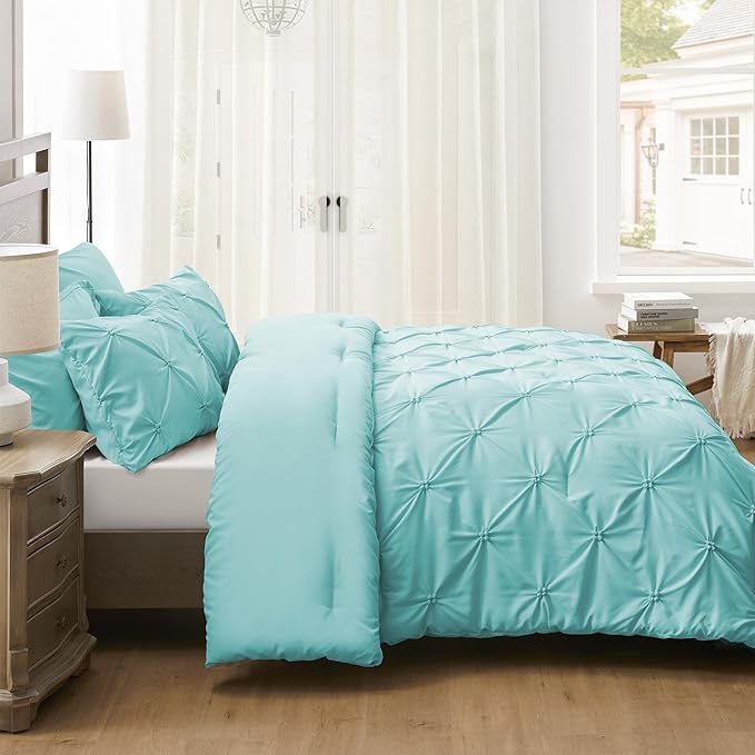UNIKOME King Size Comforter Set Aqua Blue - Ultra Soft Boho Pintuck Down Alternative Bedding Set for All Seasons, 3 Pieces Lightweight Warm Pinch Pleat Bed Set with Comforter, 2 Pillowcases