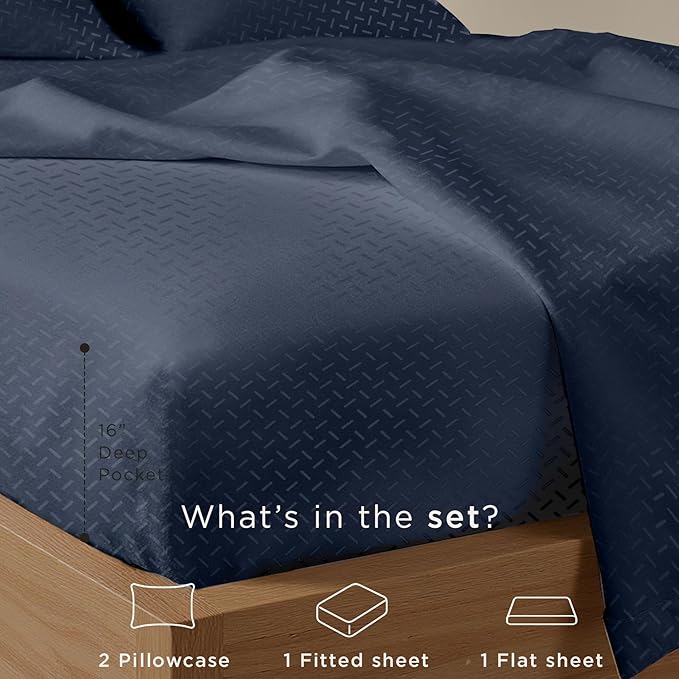 Threadmill Cotton Queen Sheet Set - 100% Cotton Damask Jacquard Sheets With 16" Deep Pocket - Soft Sateen Weave 4-Piece Cooling Bedding for Queen Size Bed - Folkstone Blue