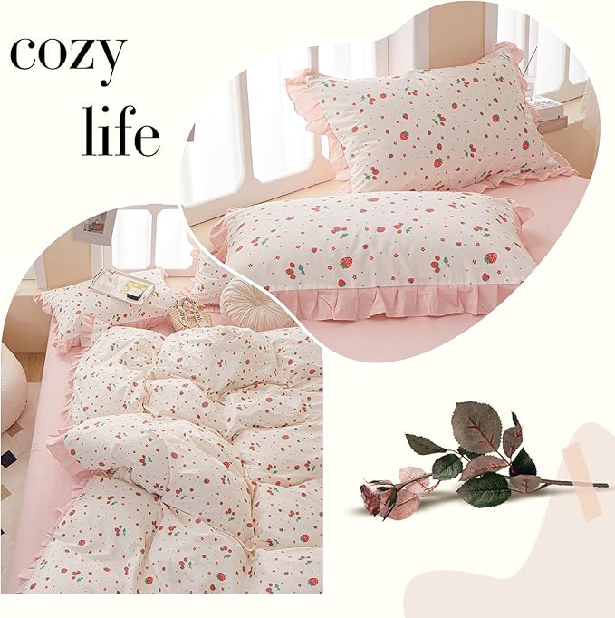 VM VOUGEMARKET Strawberry Comforter Set Twin,Cute Ruffle Comforter with 2 Pillowcases Fluffy Reversible Kids Girls Bedding Comforter Set for All Seasons(3pcs,Twin XL)