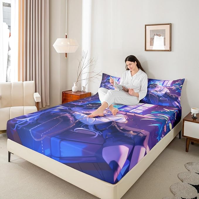 Erosebridal Anime Girl Fitted Sheet Twin Size Japanese Anime Bed Sheets for Kids Boys Teens Women Bedroom Decor, Cartoon Girl Bedding Set Japanese Animation Kawaii Sheets, Purple
