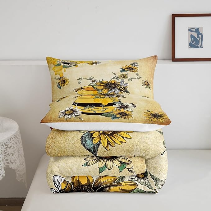 Erosebridal Yellow Bee Bedding Set,Sweet Honey Can Comforter Set for Teens Adult Women,Gerbera Floral Duvet Set 3Pcs with 2 Pillow Cases,Vintage Cartoon Microfiber Down Comforter,King Size
