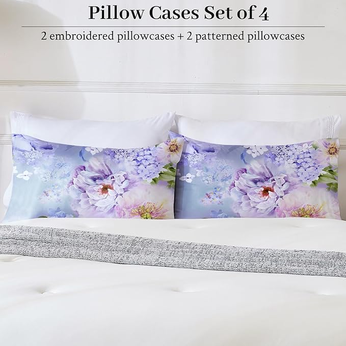 YIYEA Pillow Cases Standard Size Set of 4, Ultra Soft 1800TC Hotel Quality Double Brushed Microfiber Embroidered Pillowcases and Floral Pillow Covers, Envelope Closure, Fade Resistant (20"x26")