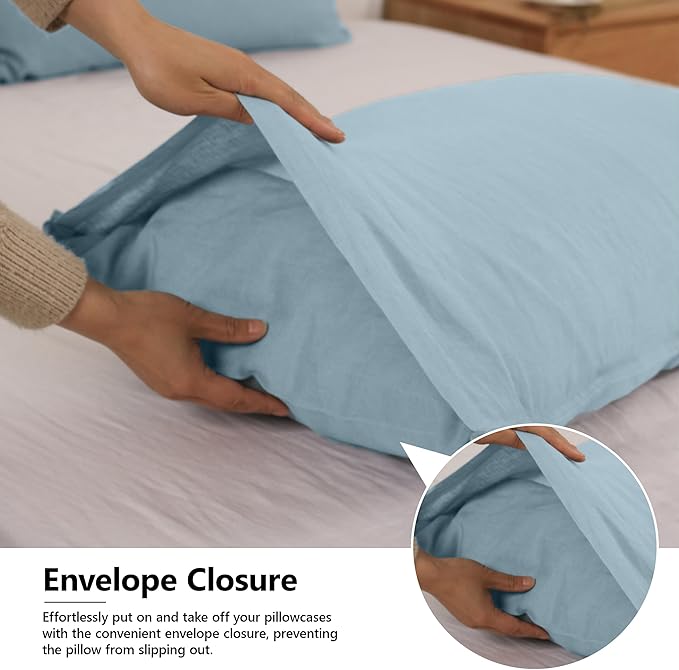 Simple&Opulence 100% Linen Pillowcases Basic Style Solid Color Set of 2, Queen Size Stone Washed Flax Pillow Cover Envelope Closure (20''x30'', Dusty Blue)