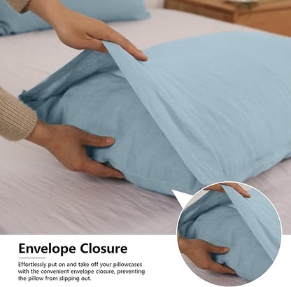 Simple&Opulence 100% Linen Pillowcases Basic Style Solid Color Set of 2, Queen Size Stone Washed Flax Pillow Cover Envelope Closure (20''x30'', Dusty Blue)