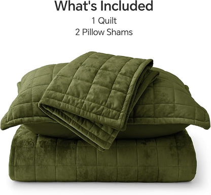 BEDELITE Velvet Quilt Set King Size - Luxury Velvet Comforter Bedding Set 3 Pieces, Lightweight Soft Cozy Olive Green Oversized Bedspread Coverlet for All Seasons with 2 Pillow Shams