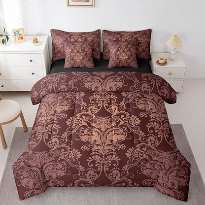 Erosebridal Gothic Damask Bed in a Bag King Size Comforter Set 7 Pieces,Exotic Moth Bedding Sets Brown Victorian Floral Goth Sheet Set with Comforter