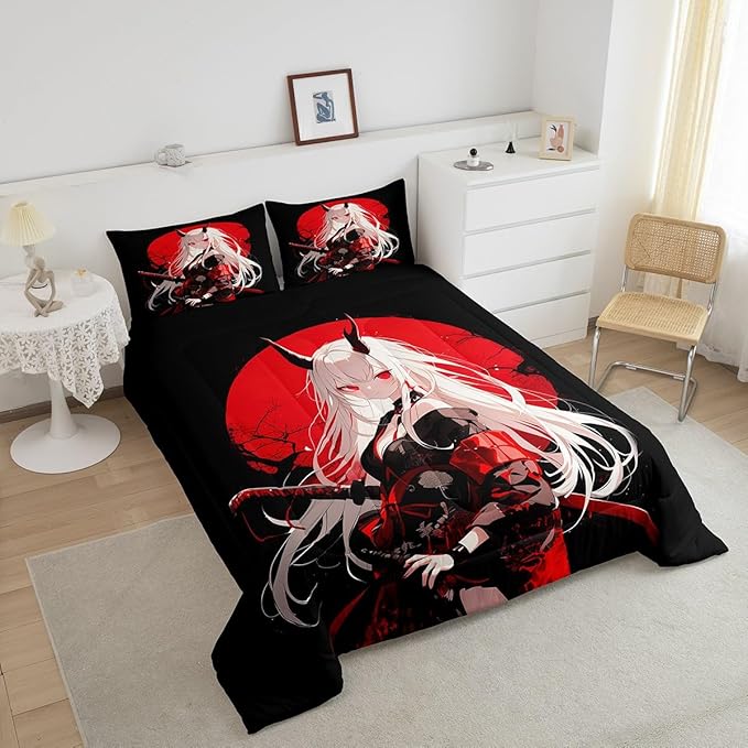 Erosebridal King Japanese Anime Bedding Set for Kids, Anime Girl Comforter Set Kawaii Japanese Style Duvet Insert Cartoon Japan Animation Quilt for Boys Teens Adult Women Bedroom, Red Black