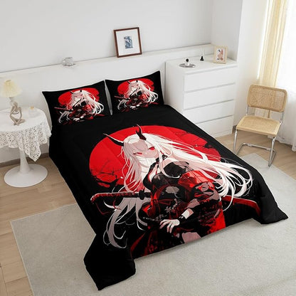 Erosebridal Queen Japanese Anime Bedding Set for Kids, Anime Girl Comforter Set Kawaii Japanese Style Duvet Insert Cartoon Japan Animation Quilt for Boys Teens Adult Women Bedroom, Red Black