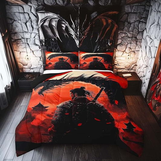 Castle Fairy Chinese Loong Bed Comforter Set Queen Size,Chinese General Super Soft Microfiber Bedding Set for Adults Teens,Dragon Wildlife Comforter Set,2 Pillowcases