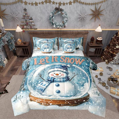 Winter Snowman Comforter Set 7 Pieces,Merry Christmas Theme Bed Set,Snow Botanical Plants Bedding Bed in a Bag Soft,King (1 Comforter,2 Pillowcase,2 Pillow Covers,1 Flat Sheet,1 Fitted Sheet)