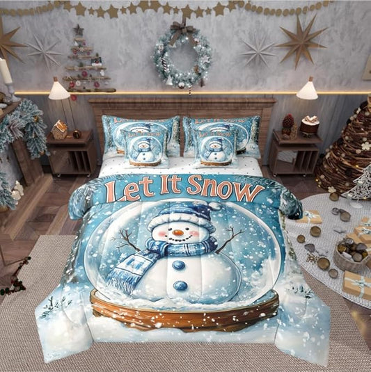 Winter Snowman Comforter Set 7 Pieces,Merry Christmas Theme Bed Set,Snow Botanical Plants Bedding Bed in a Bag Soft,Queen (1 Comforter,2 Pillowcase,2 Pillow Covers,1 Flat Sheet,1 Fitted Sheet)