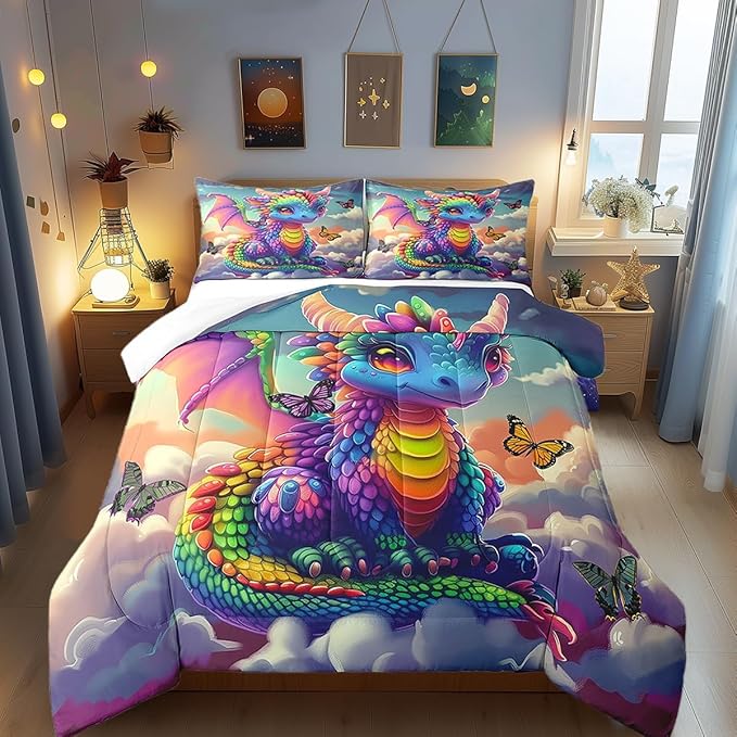 Castle Fairy Colorful Dragon Bedding Set Full Size Fancy Western Animal Comforter Set for Girls Boys Teens Room Decor Wild Butterfly Down Comforter Sunny Sky Clouds Quilt Set with 2 Pillowcases