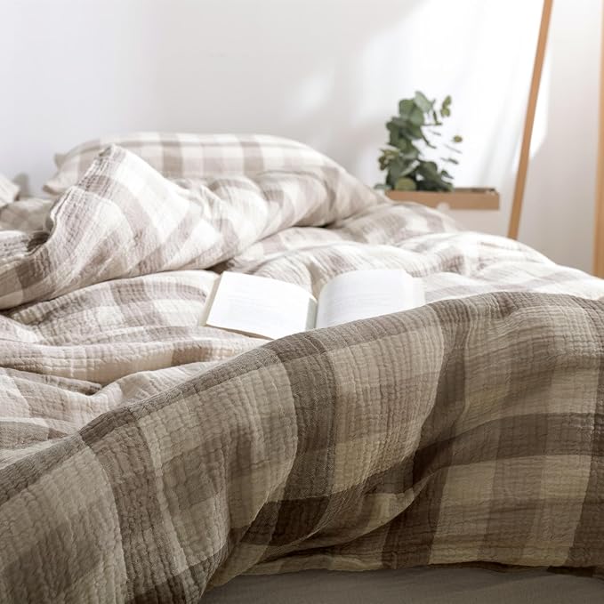 VM VOUGEMARKET Beige Grey Gingham Duvet Cover Queen Muslin Cotton Plaid Bedding Set Soft Breathable Linen Like Gauze Comforter Cover with Zipper Closure for Teen Men-3 Pieces,90"x90"