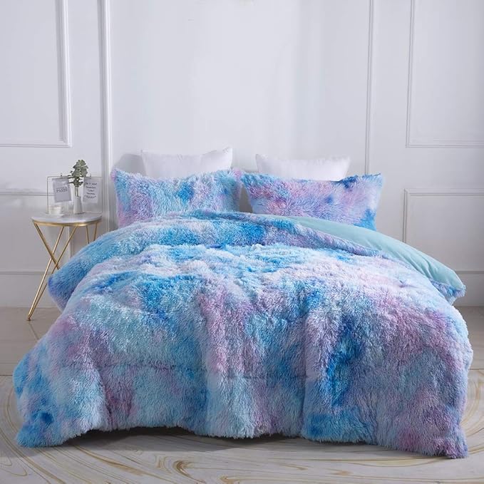 Wajade Faux Fur Plush Galaxy Blue Comforter Set Fluffy Fuzzy Shaggy Bedding Set - 3PC Full Size Microfiber Soft Warm Quilt Set