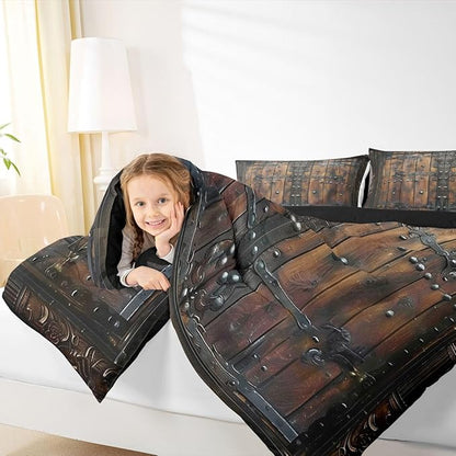 Medieval Themed Comforter Set Toddler Size,Castle Knight Wall Bedding Set for Kids Teens Bedroom,Retro Wooden Board Down Comforter,2 Pcs 1 Pillowcase