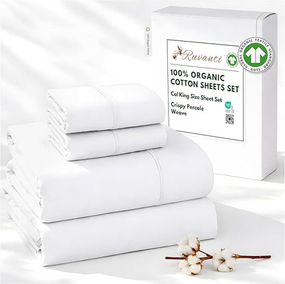 RUVANTI 100% Organic Cotton Sheets California King, Percale Weave, GOTS Certified, 4-Piece Set, Deep Pocket 13", Crisp & Breathable, Soft Durable Bedding, Sábanas Algodón Orgánico – Bright White