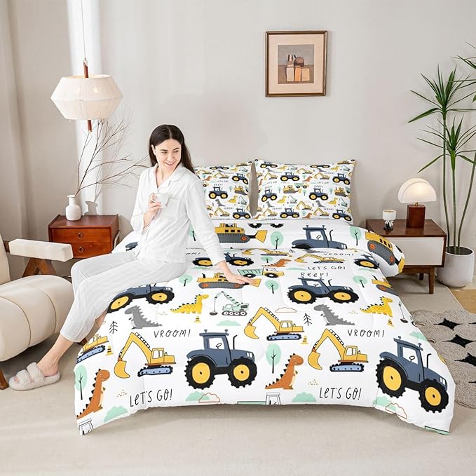 Kids Excavator Comforter Set Full, Cartoon Equipment Trucks Bedding for Boys Girls Children, Dinosaur Duvet Insert, Yellow Blue Construction Vehicle Down Comforter, Tractor Quilt Set Bedroom Decor