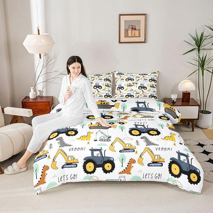 Cartoon Car Kids Comforter Set King, Excavator Tractor Bedding Set for Child Teens, Dinosaur Comforter Equipment Truck Quilted Duvet, Heavy Machinery Construction Bedding Comforter with 2 Pillowcases
