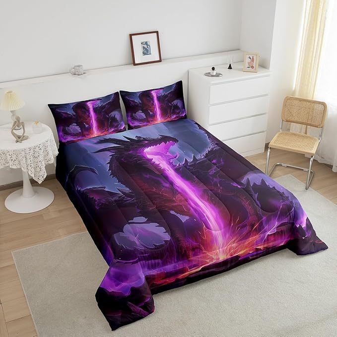 Castle Fairy Dragon Comforter Set,Purple Lightning Flame Bedding Set Kids Teens Modern Decor,Mysterious Western Animals Comforter with 1 Pillowcase for All Seasons,Twin