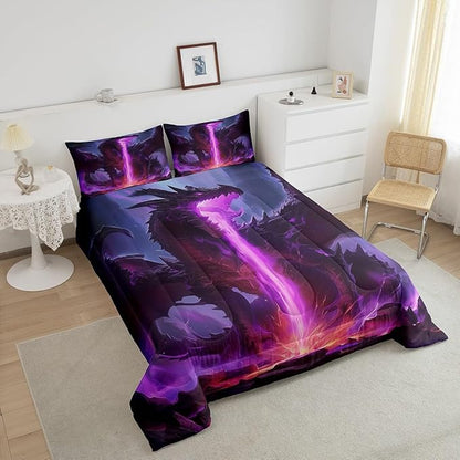 Castle Fairy Dragon Bed Comforter Set Queen Size,Purple Lightning Flame Super Soft Microfiber Bedding Set for Adults Teens,Mysterious Western Animals Comforter Set,2 Pillowcases